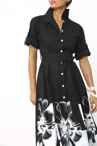 Printed Hem Shirt Dress - Black - 5