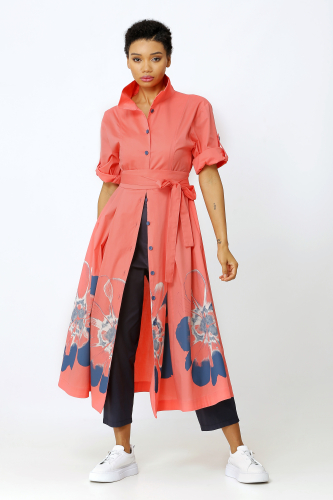 Printed Shirt Dress with Skirt - Coral 