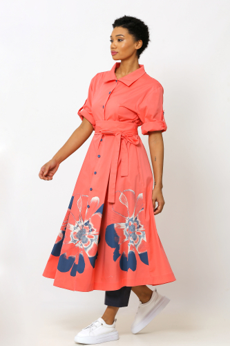 Printed Shirt Dress with Skirt - Coral - 3