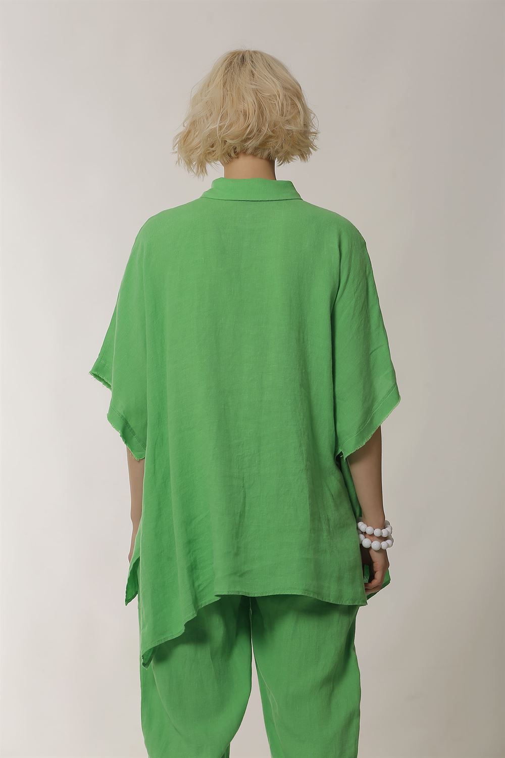 Yarasa Kollu Keten Gömlek-Yeşil