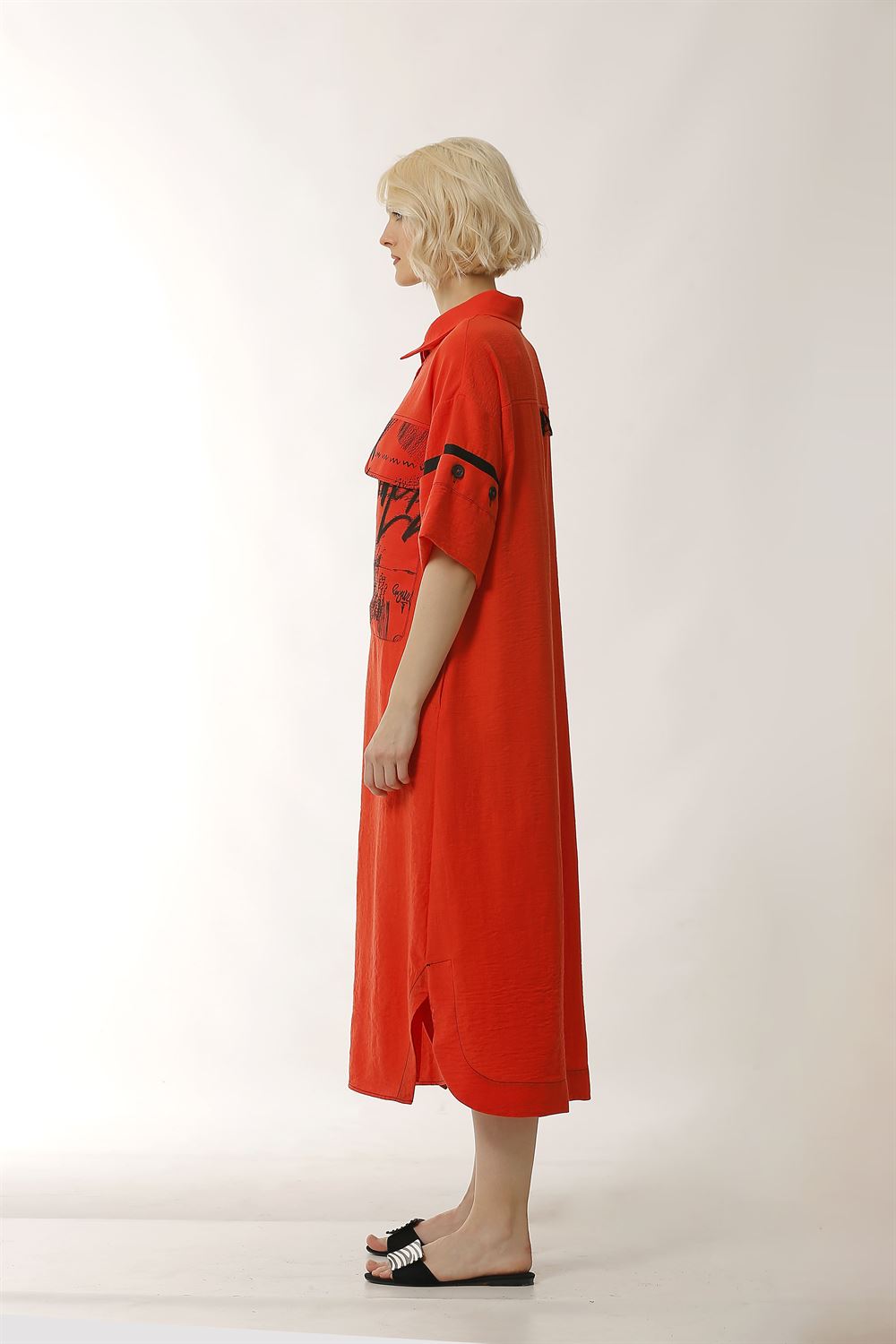 Kol Düğme Detaylı Keten Elbise-Kırmızı