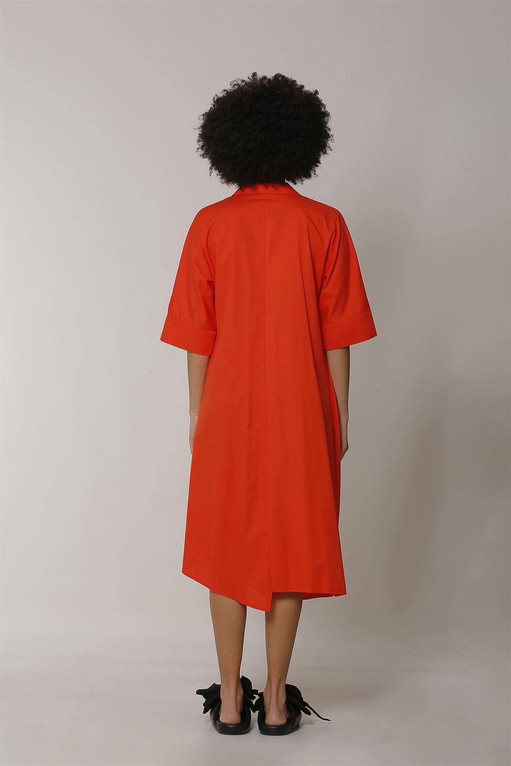 İnci Düğme Detaylı Poplin Elbise-Mercan