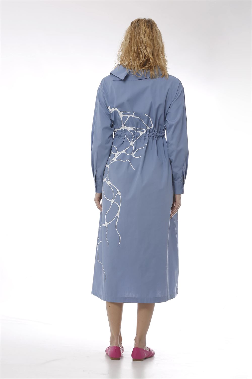 Ceket Yakalı Bağlamalı Poplin Elbise-İndigo