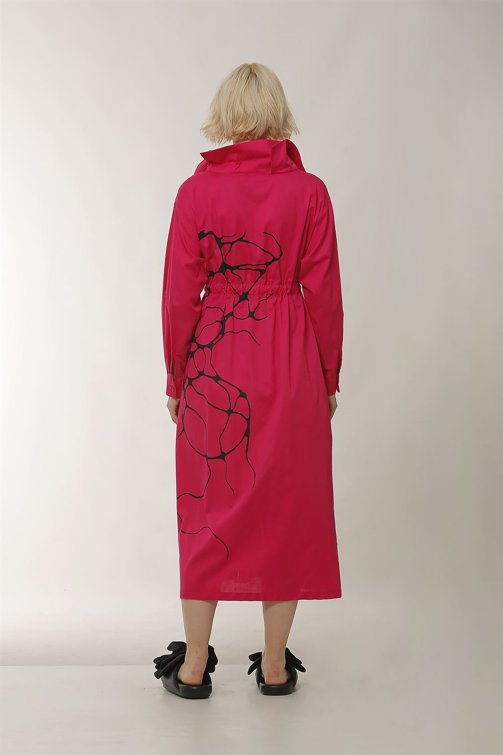 Ceket Yakalı Bağlamalı Poplin Elbise-Fuşya
