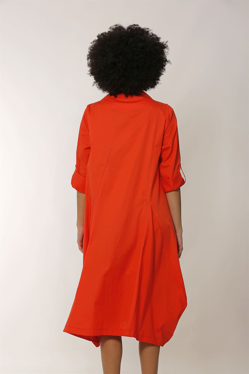 Dik Yakalı Süs Dikişli Poplin Elbise-Mercan