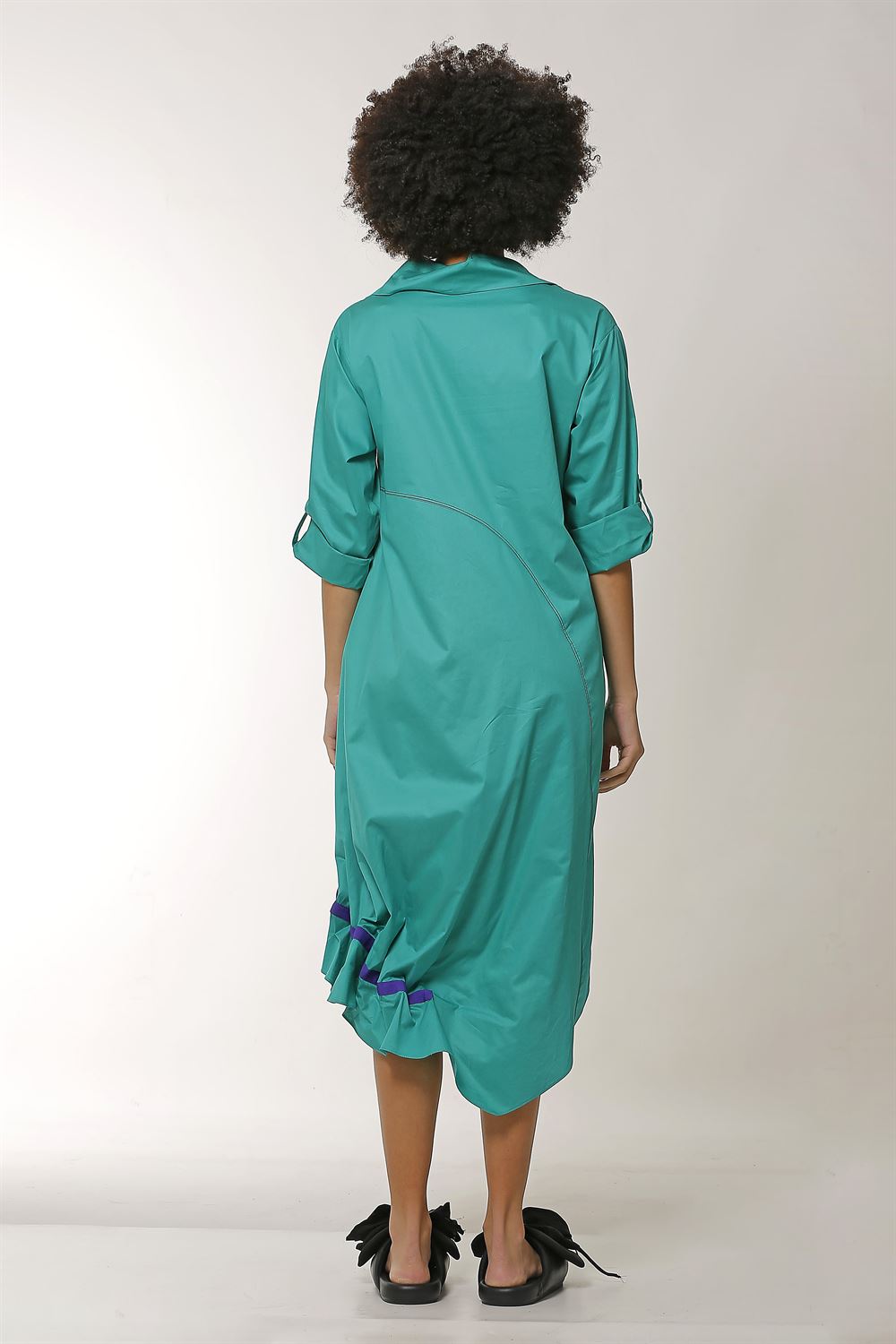 Asimetrik Yaka Poplin Elbise-Yeşil