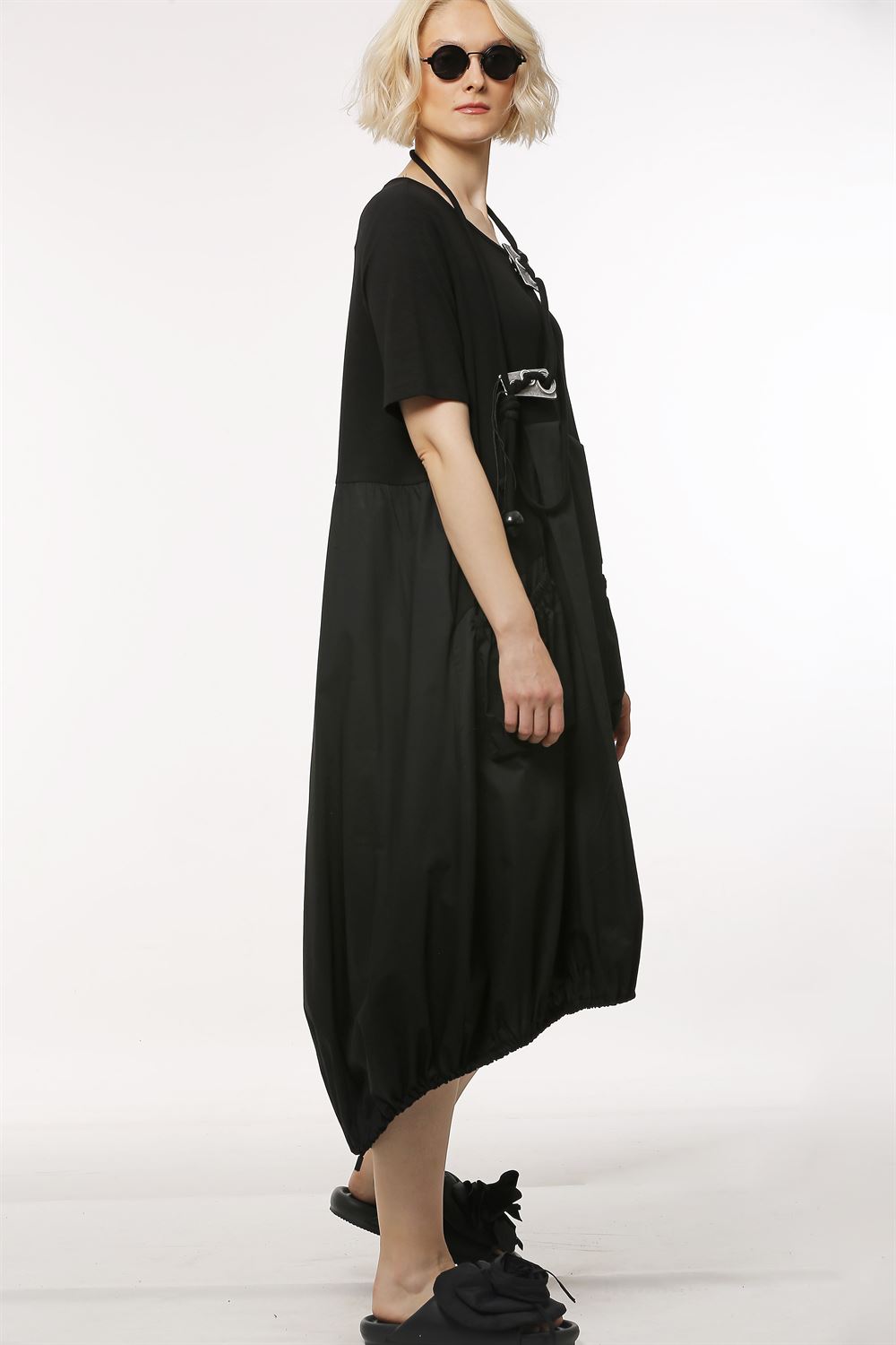Yuvarlak Yakalı Poplin Elbise-Siyah