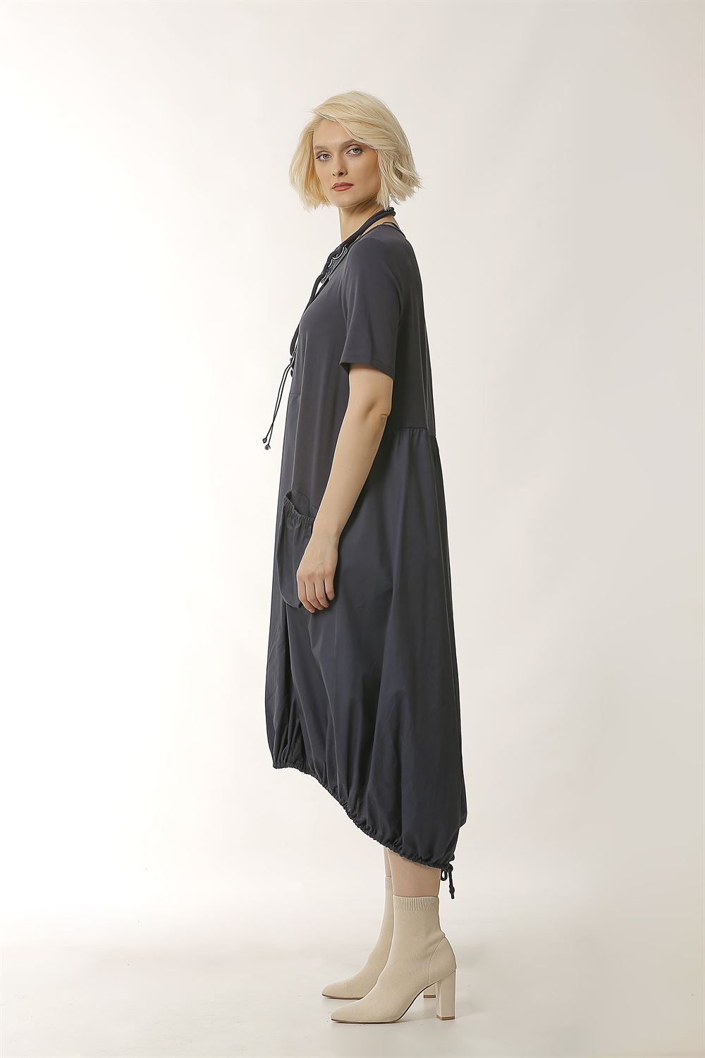 Yuvarlak Yakalı Poplin Elbise-Lacivert