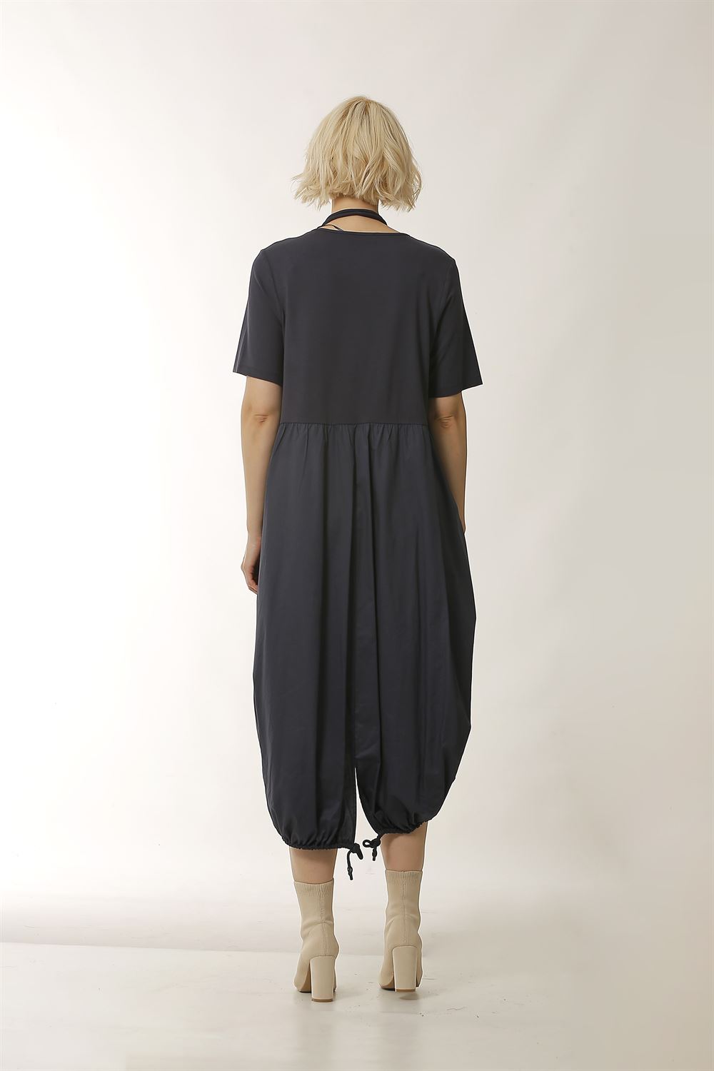 Yuvarlak Yakalı Poplin Elbise-Lacivert