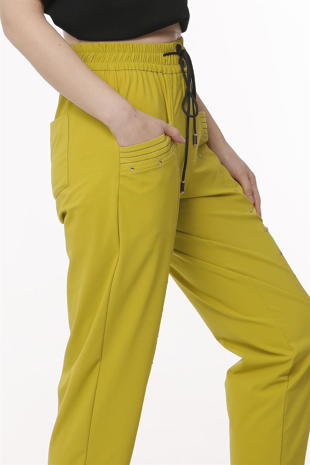 Trok Çakım Detaylı Süs Dikişli Pantolon - Yağ Yeşili
