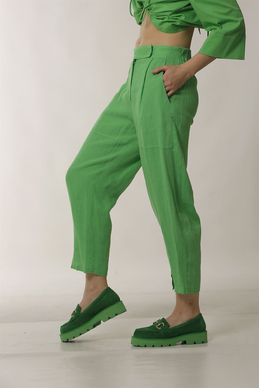 Keten Bol Pantolon - A.Yeşil