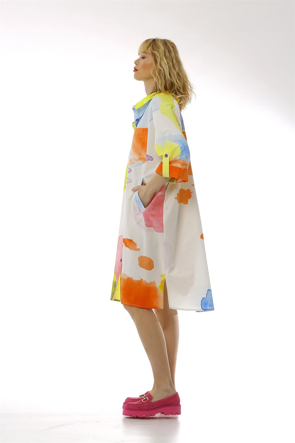 Kayık Yakalı Cep Detaylı Desenli Poplin Elbise
