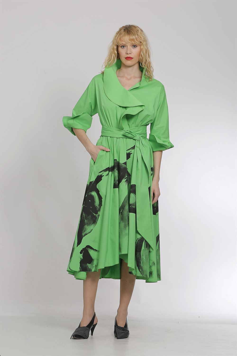 Yakası Fırfırlı Belden Bağlamalı Poplin Elbise-Elma Yeşili