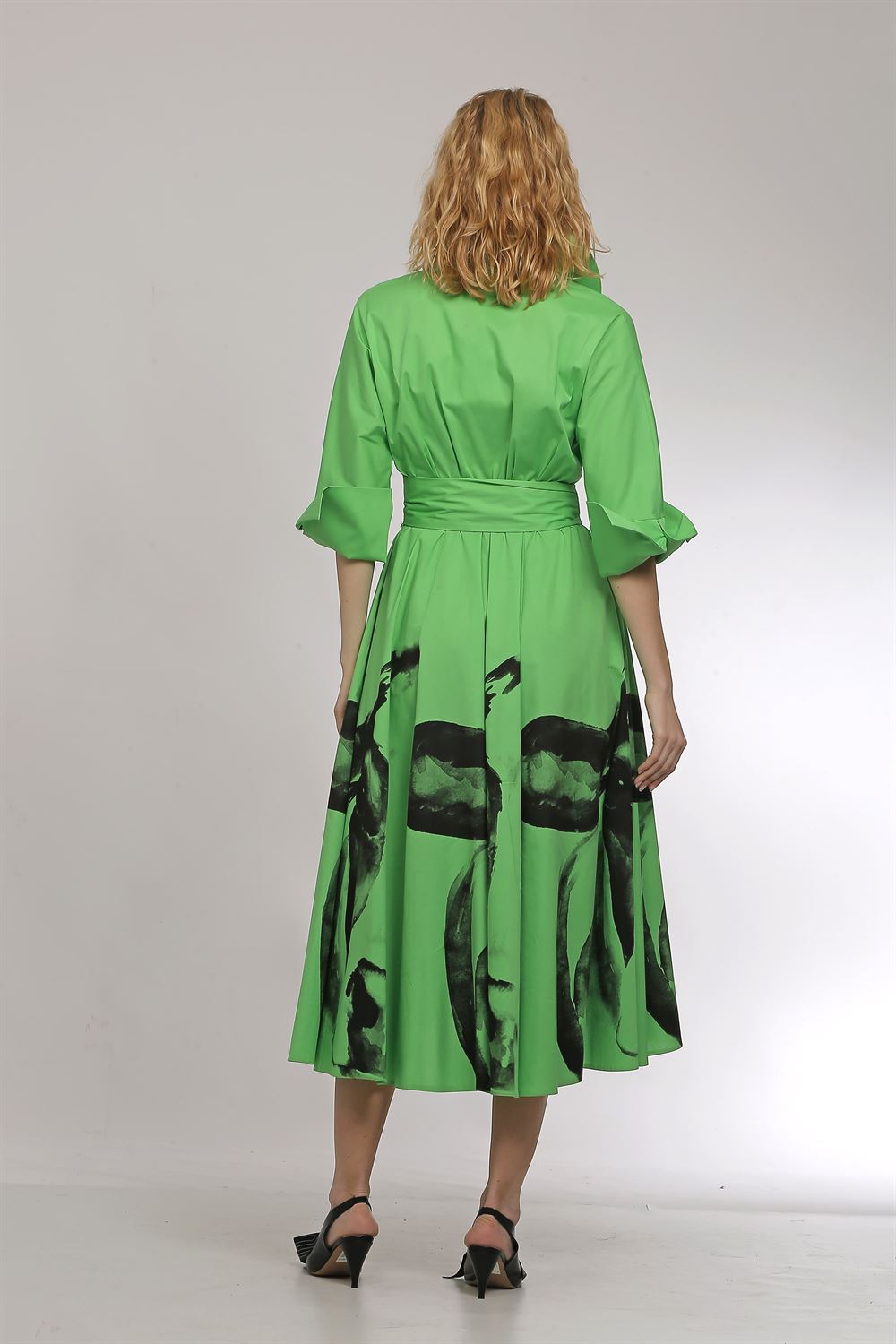 Yakası Fırfırlı Belden Bağlamalı Poplin Elbise-Elma Yeşili