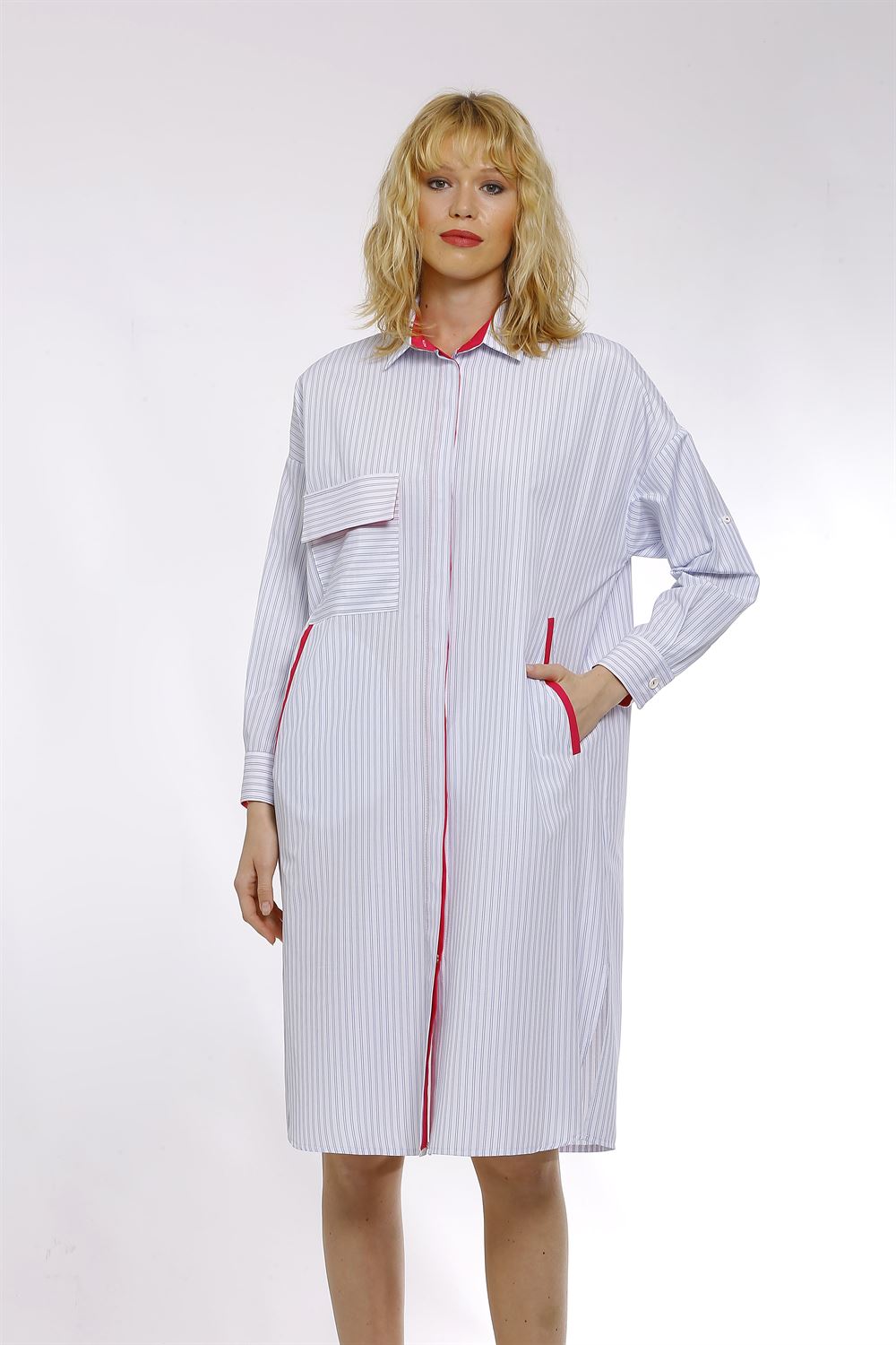 Gömlek Yakalı Baskı Detaylı Çizgili Poplin Elbise-Fuşya