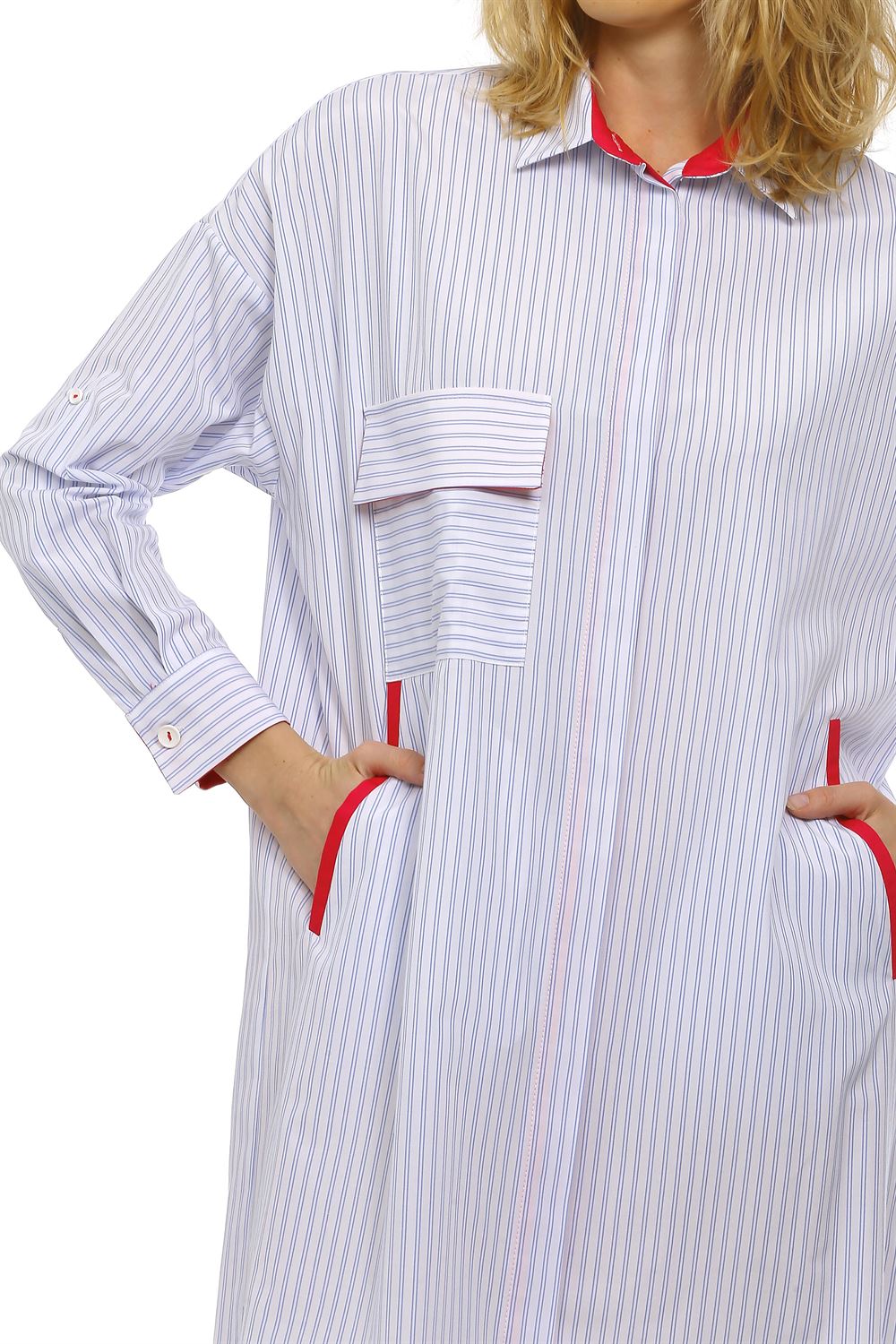 Gömlek Yakalı Baskı Detaylı Çizgili Poplin Elbise-Fuşya