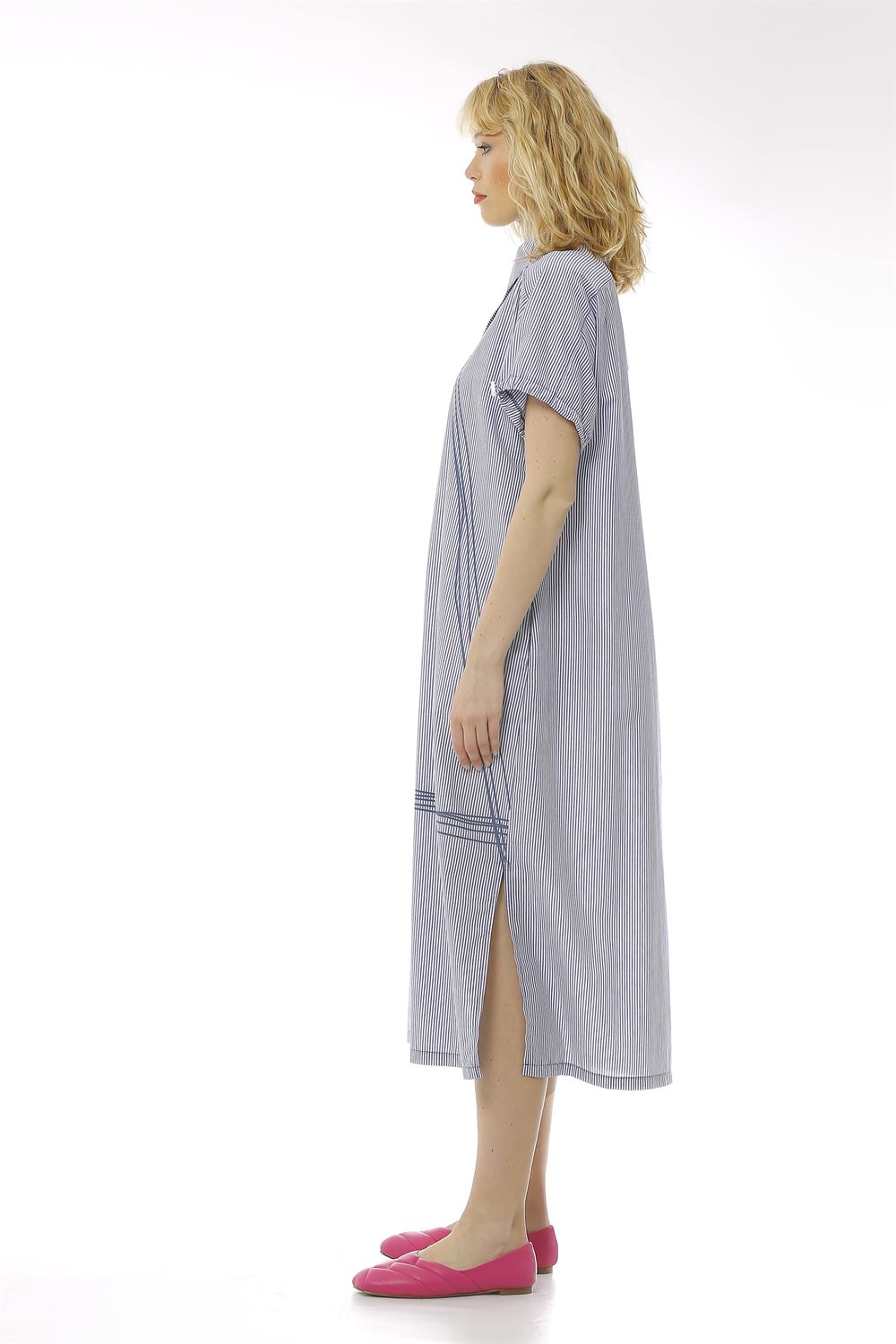 Düşük Omuzlu Çizgili Poplin Elbise-Lacivert
