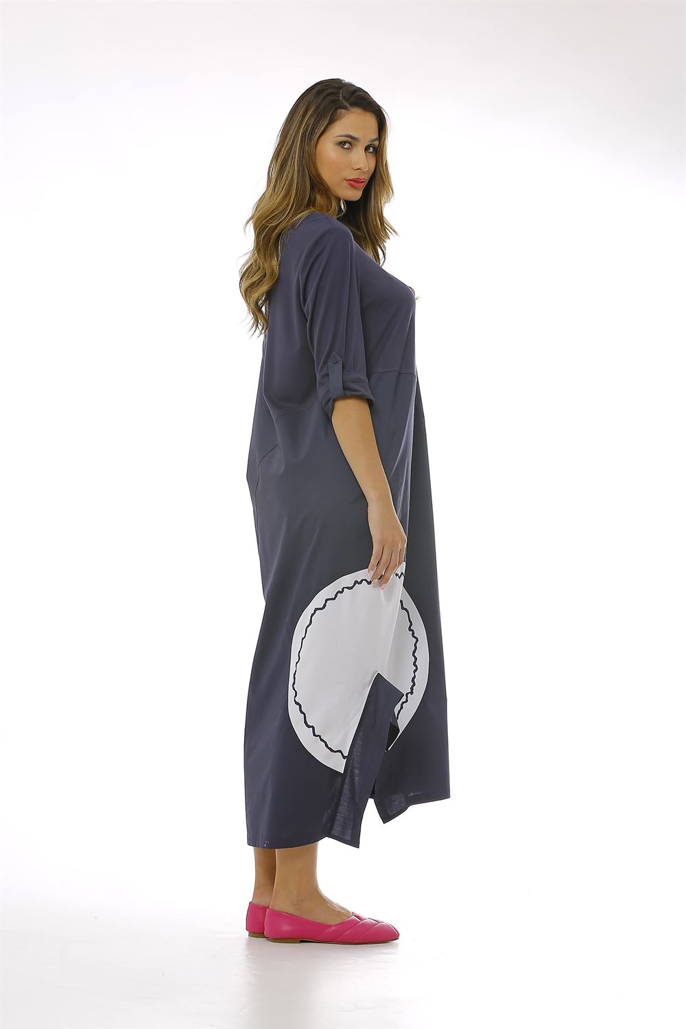 Garni Kumaş Detaylı Asimetrik Kesim Poplin Elbise-Lacivert       