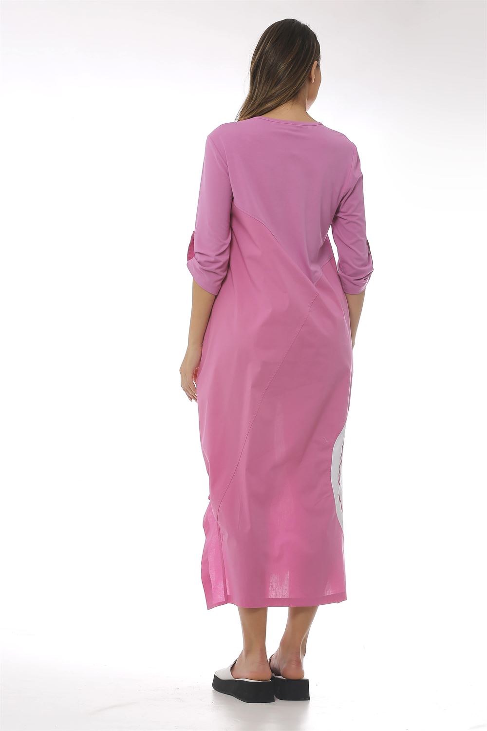 Garni Kumaş Detaylı Asimetrik Kesim Poplin Elbise-Pembe