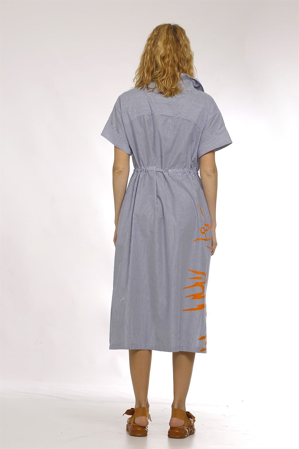 Asimetrik Yakalı Çizgli Poplin Elbise-Oranj