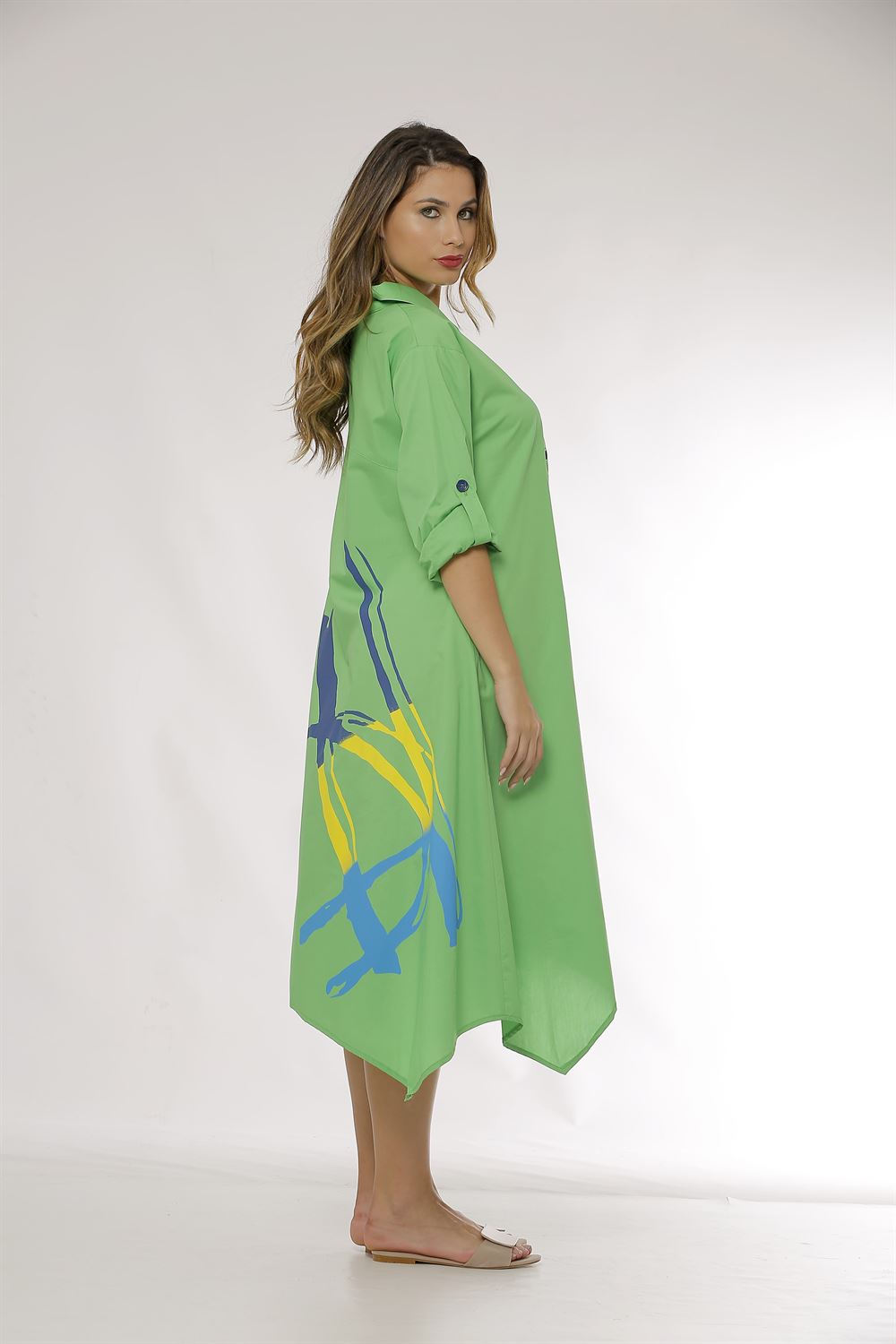 Asimetrik Yakalı Uzun Poplin Elbise-Açık yeşil