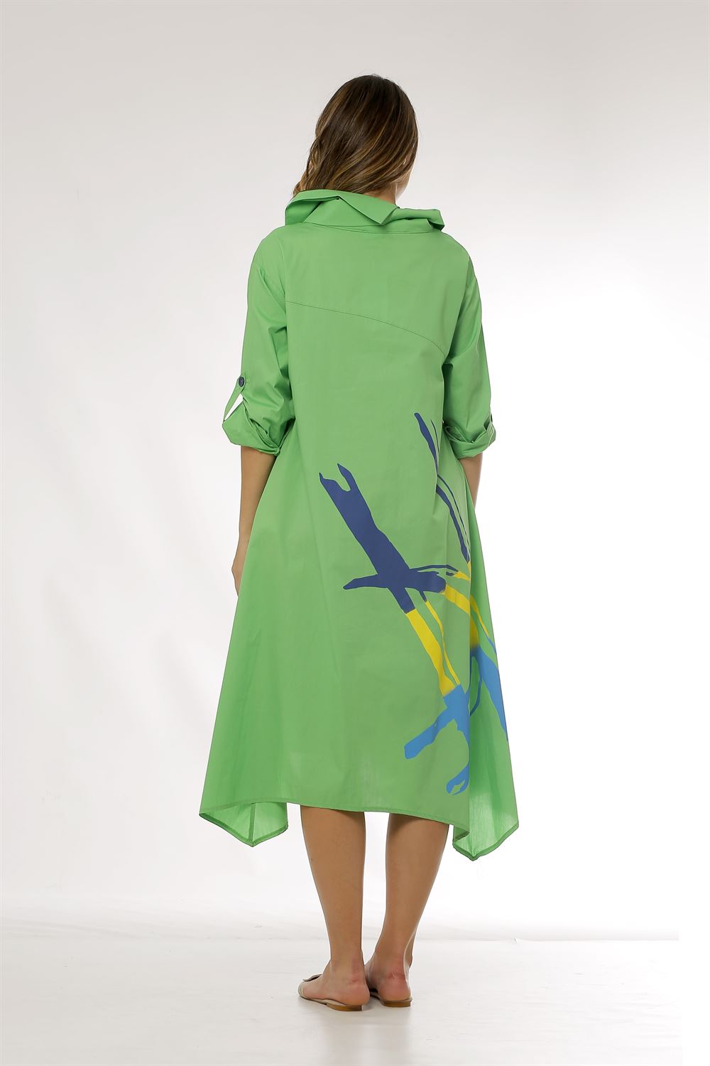 Asimetrik Yakalı Uzun Poplin Elbise-Açık yeşil