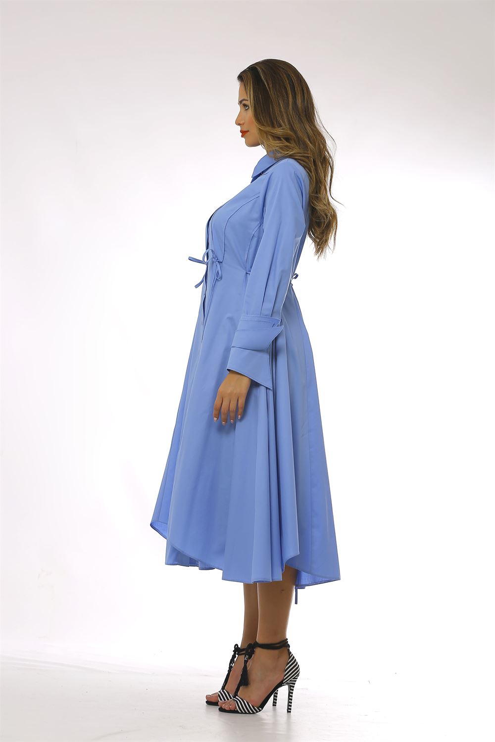 Gömlek Yakalı Manşet Detaylı Poplin Elbise-B.Mavi