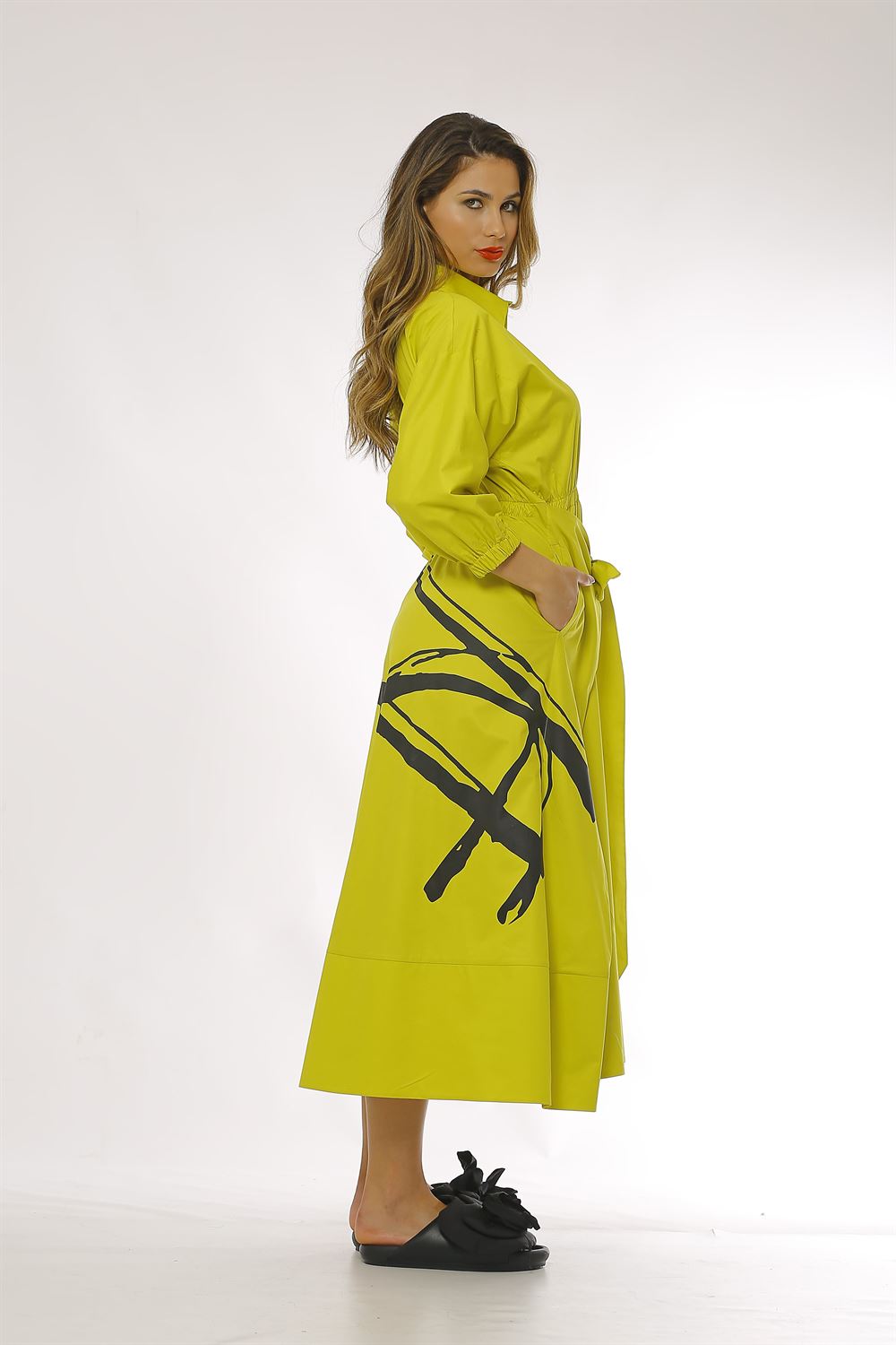 Kol Ağzı Lastikli Belden Bağlamalı Poplin Elbise-Fıstık Yeşili