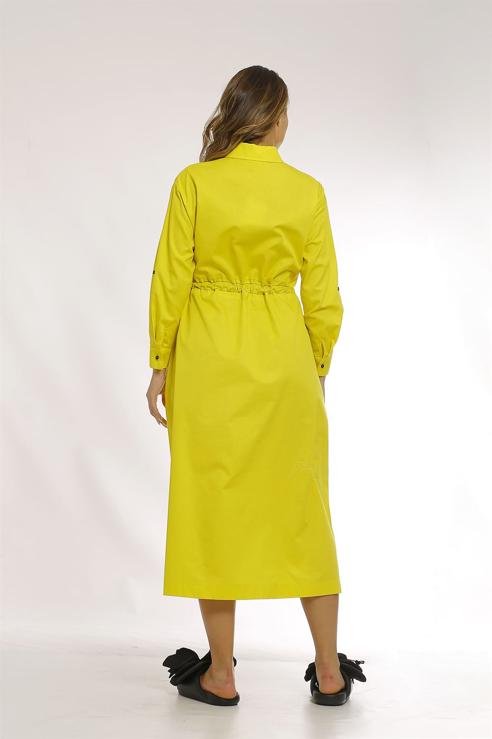 Belden Bağlamalı Süs Dikiş Detaylı Poplin Elbise-Fıstık Yeşili