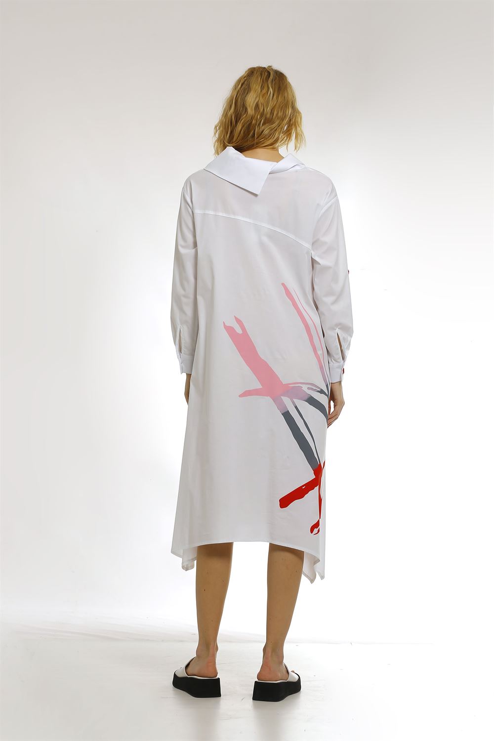 Asimetrik Yakalı Uzun Poplin Elbise-Beyaz