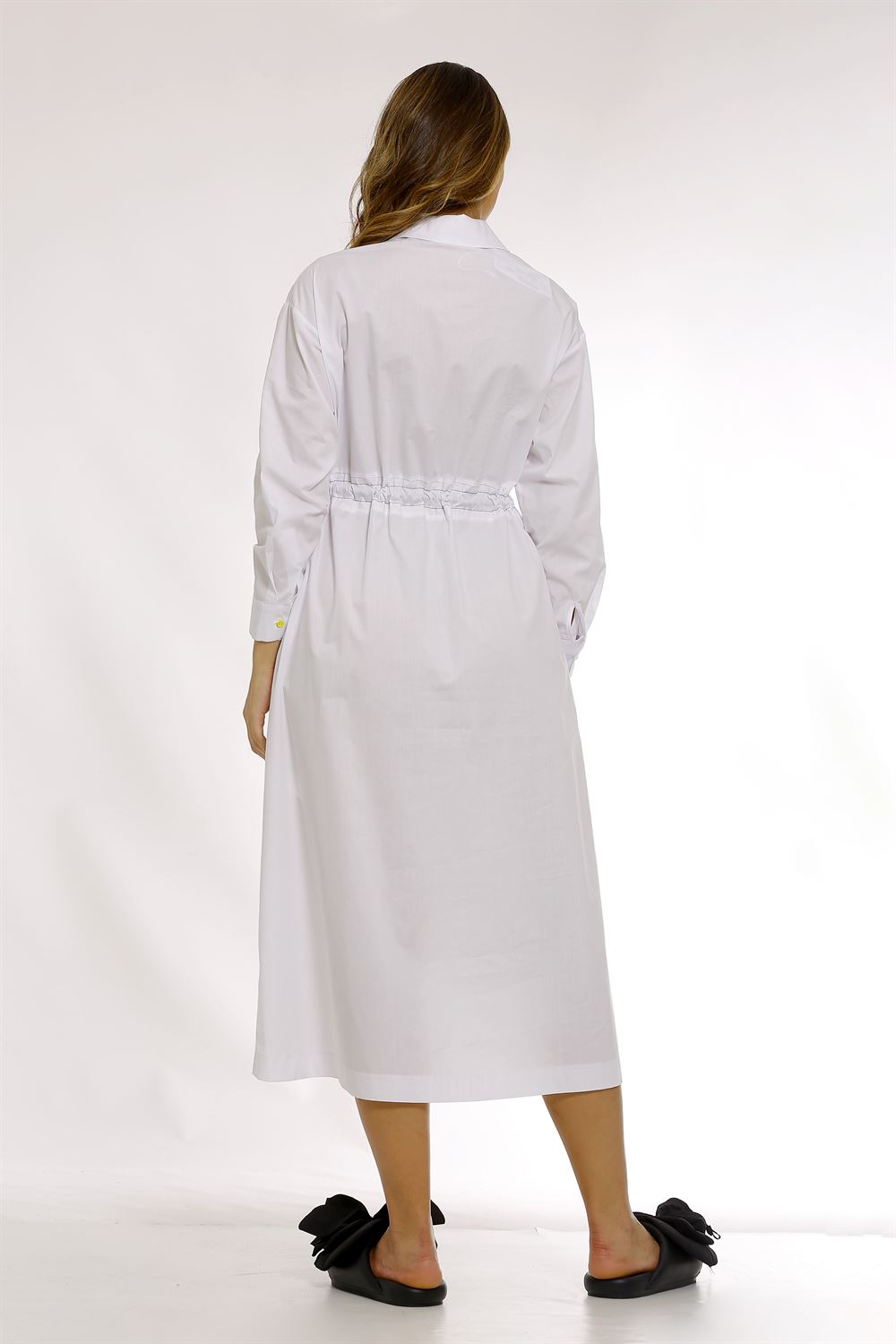 Belden Bağlamalı Süs Dikiş Detaylı Poplin Elbise-Beyaz