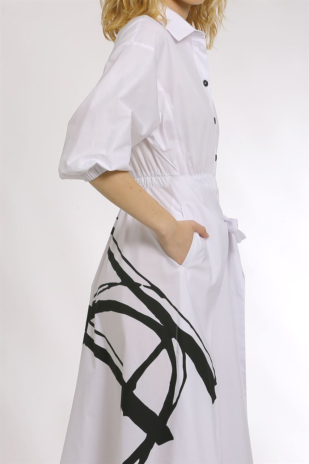 Kol Ağzı Lastikli Belden Bağlamalı Poplin Elbise-Beyaz