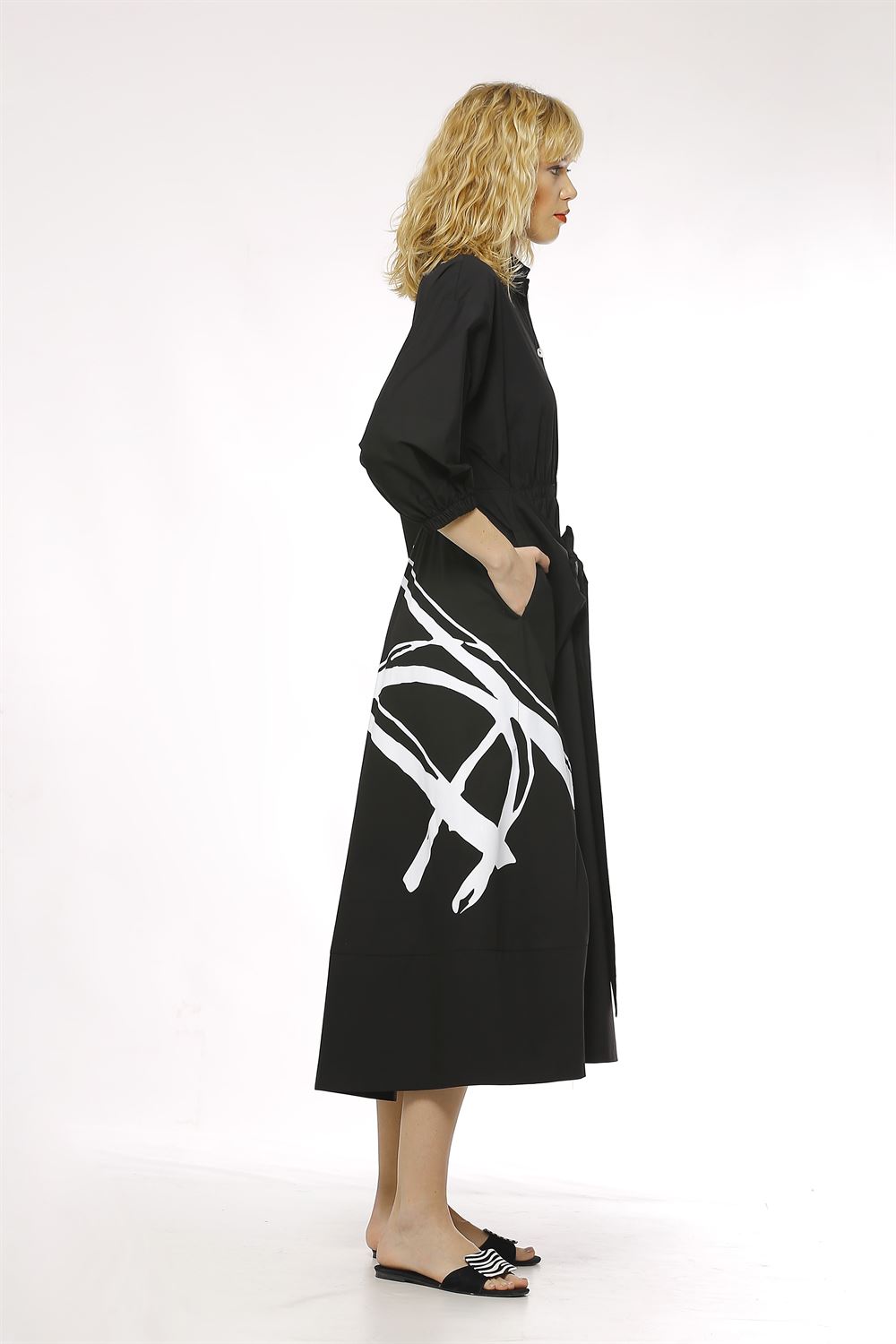 Kol Ağzı Lastikli Belden Bağlamalı Poplin Elbise-Siyah