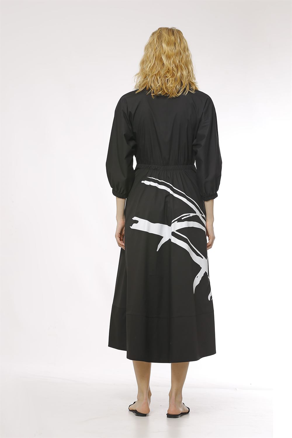 Kol Ağzı Lastikli Belden Bağlamalı Poplin Elbise-Siyah