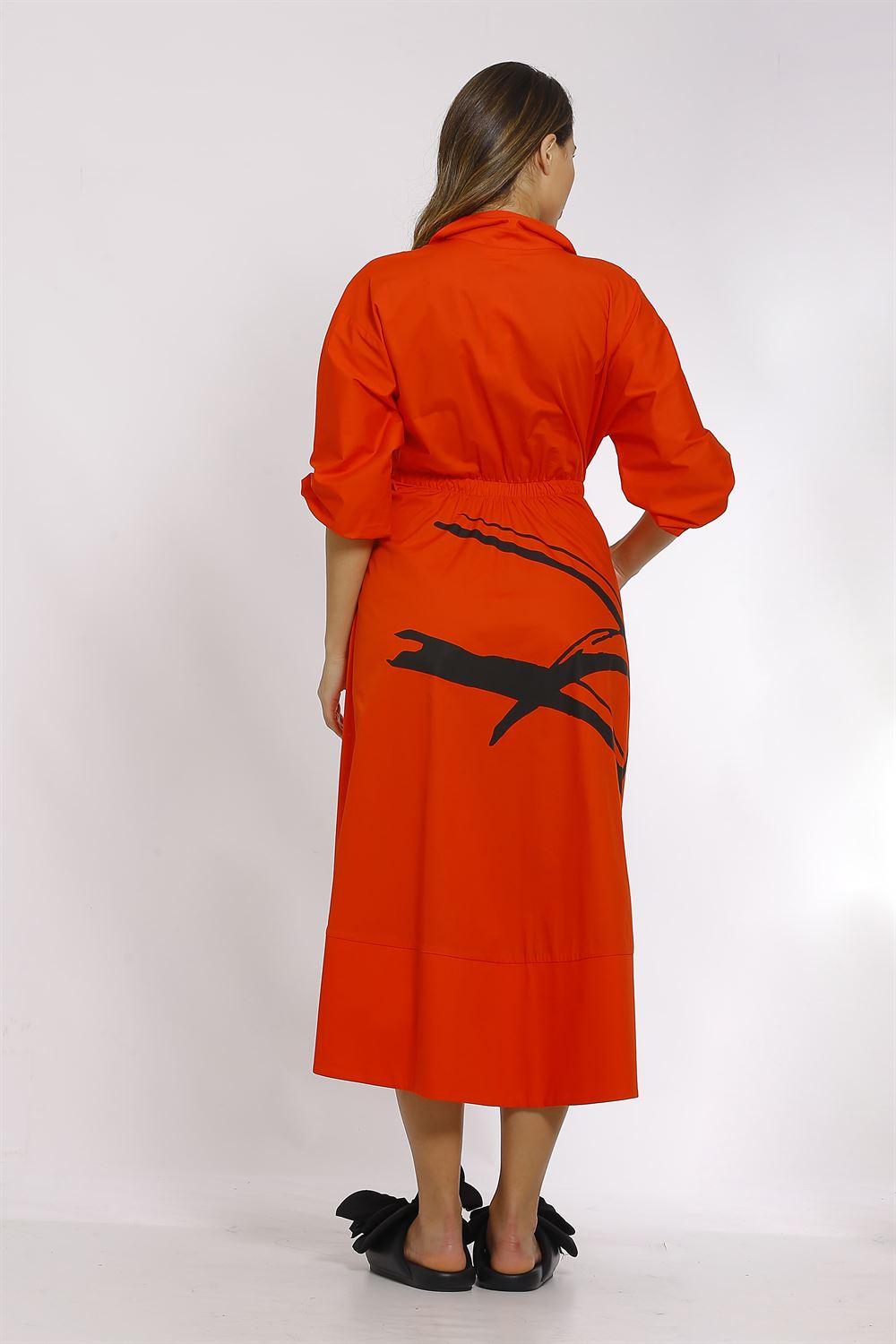 Kol Ağzı Lastikli Belden Bağlamalı Poplin Elbise-Kırmızı