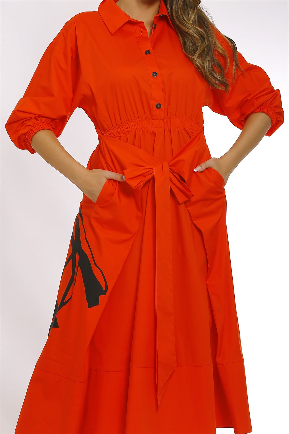 Kol Ağzı Lastikli Belden Bağlamalı Poplin Elbise-Kırmızı