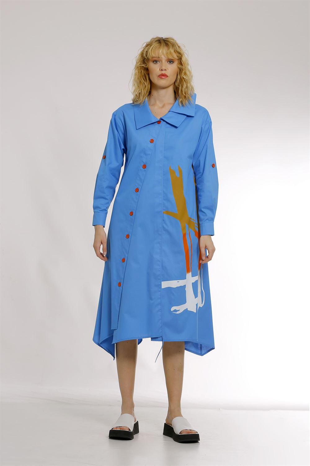 Asimetrik Yakalı Uzun Poplin Elbise-Mavi