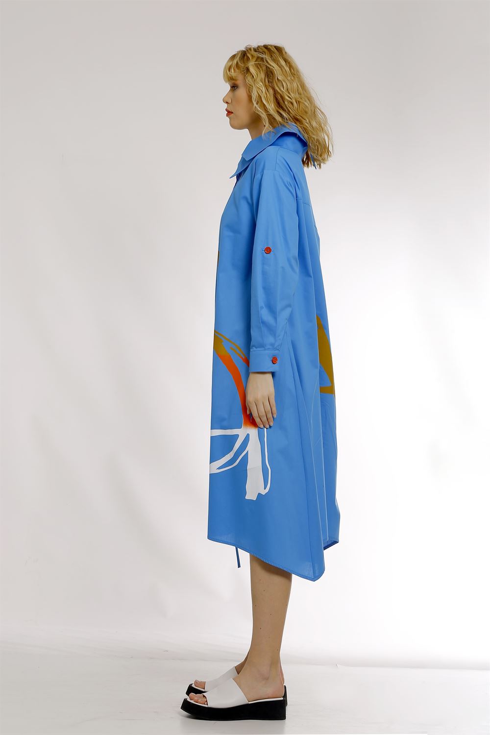 Asimetrik Yakalı Uzun Poplin Elbise-Mavi