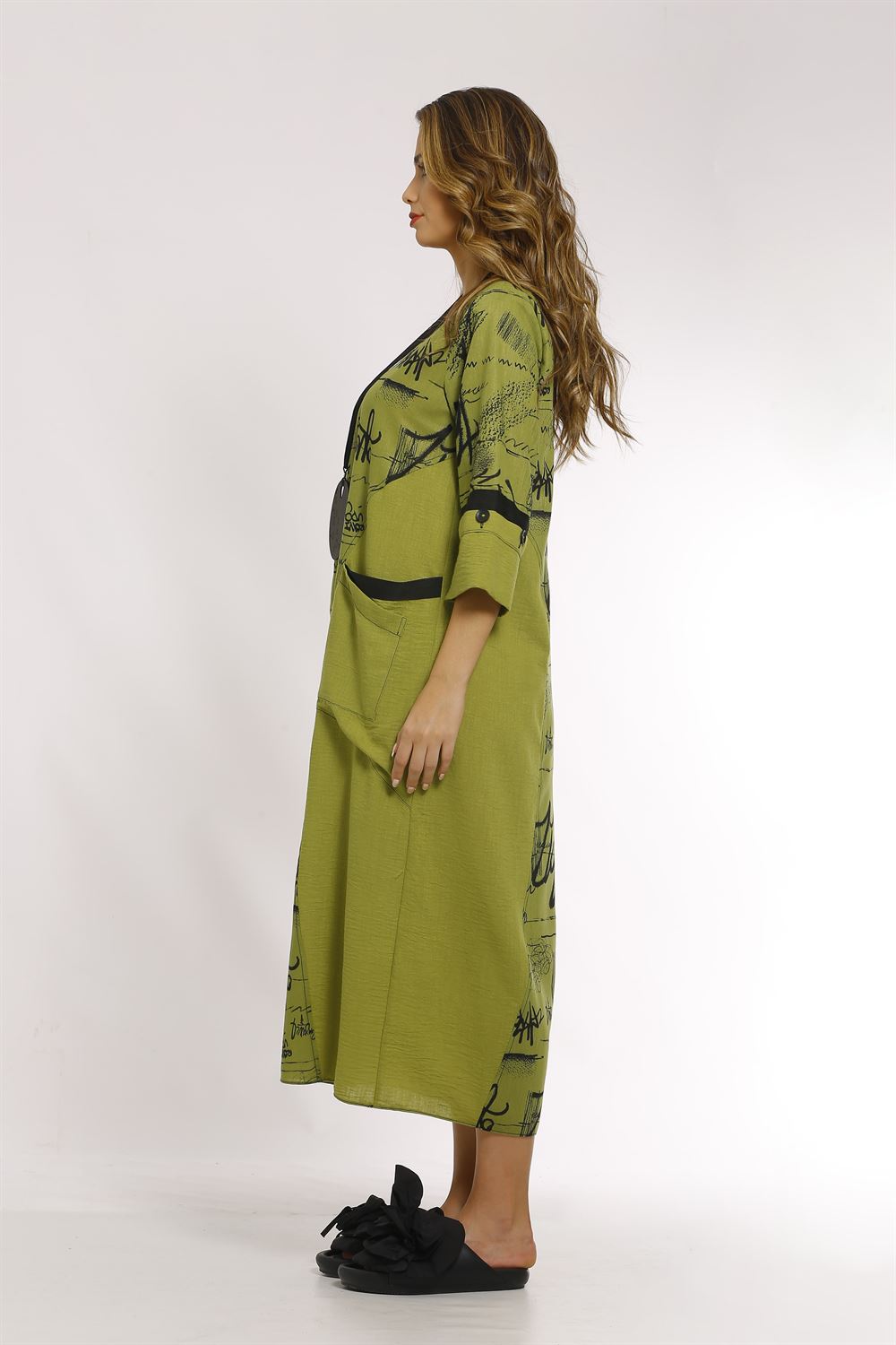 Kare Yakalı Kolye Aksesuarlı Baskılı keten Elbise-Ç.Yeşil