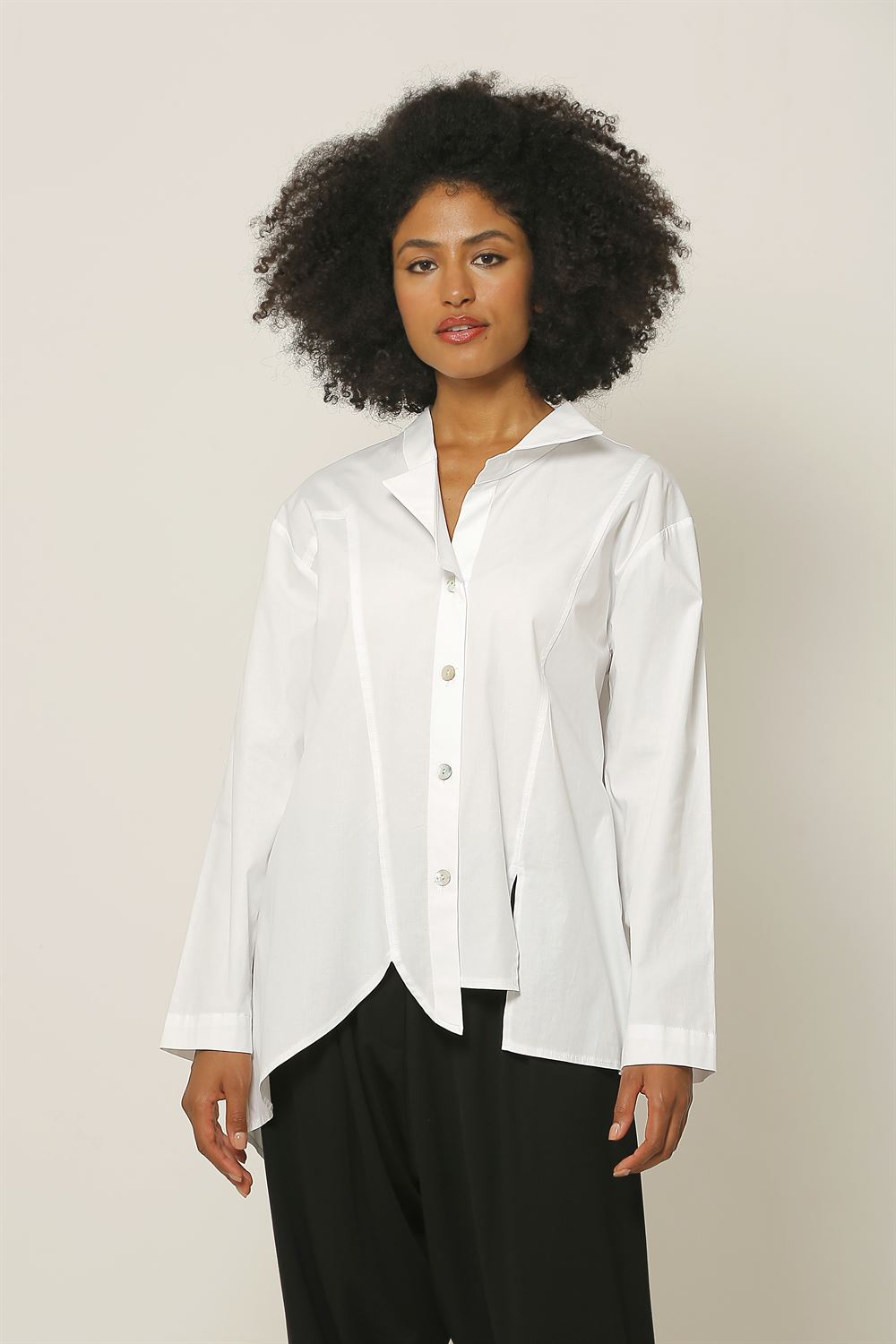 Asimetrik Kesimli Yaka Detaylı Cotton Gömlek - Beyaz