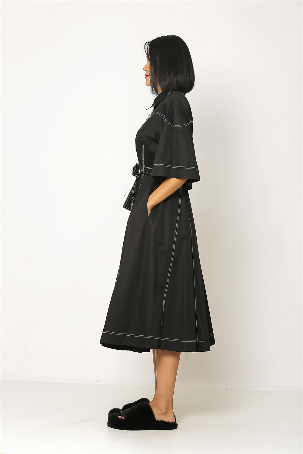 Süs Dikişli Belden Kemerli Cotton Elbise - Siyah