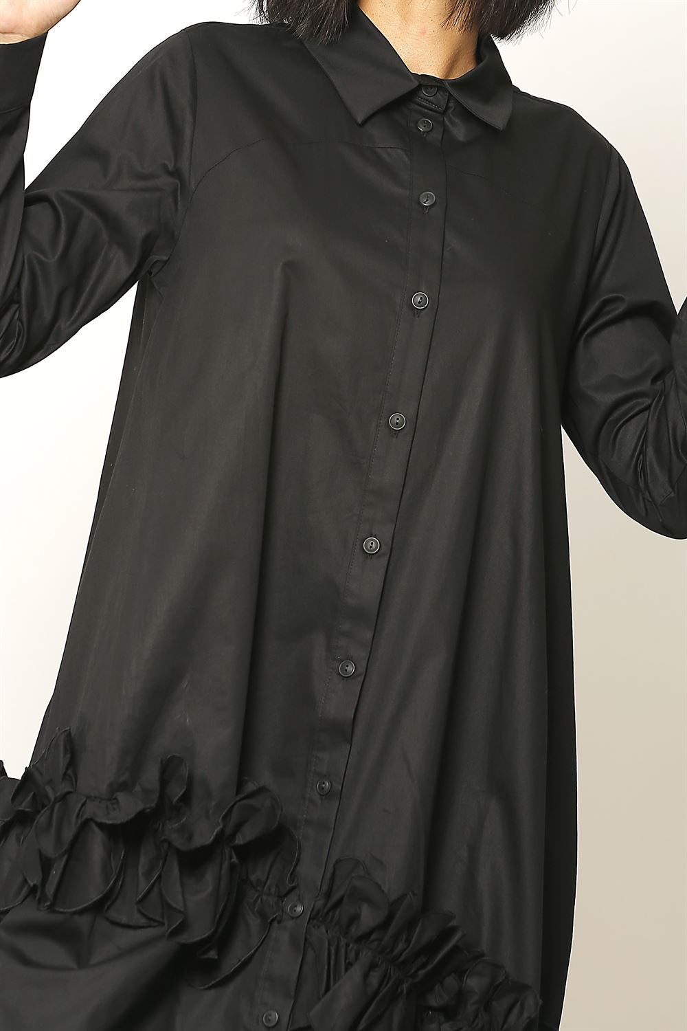Likrasız Cotton Gömlek Elbise - Siyah