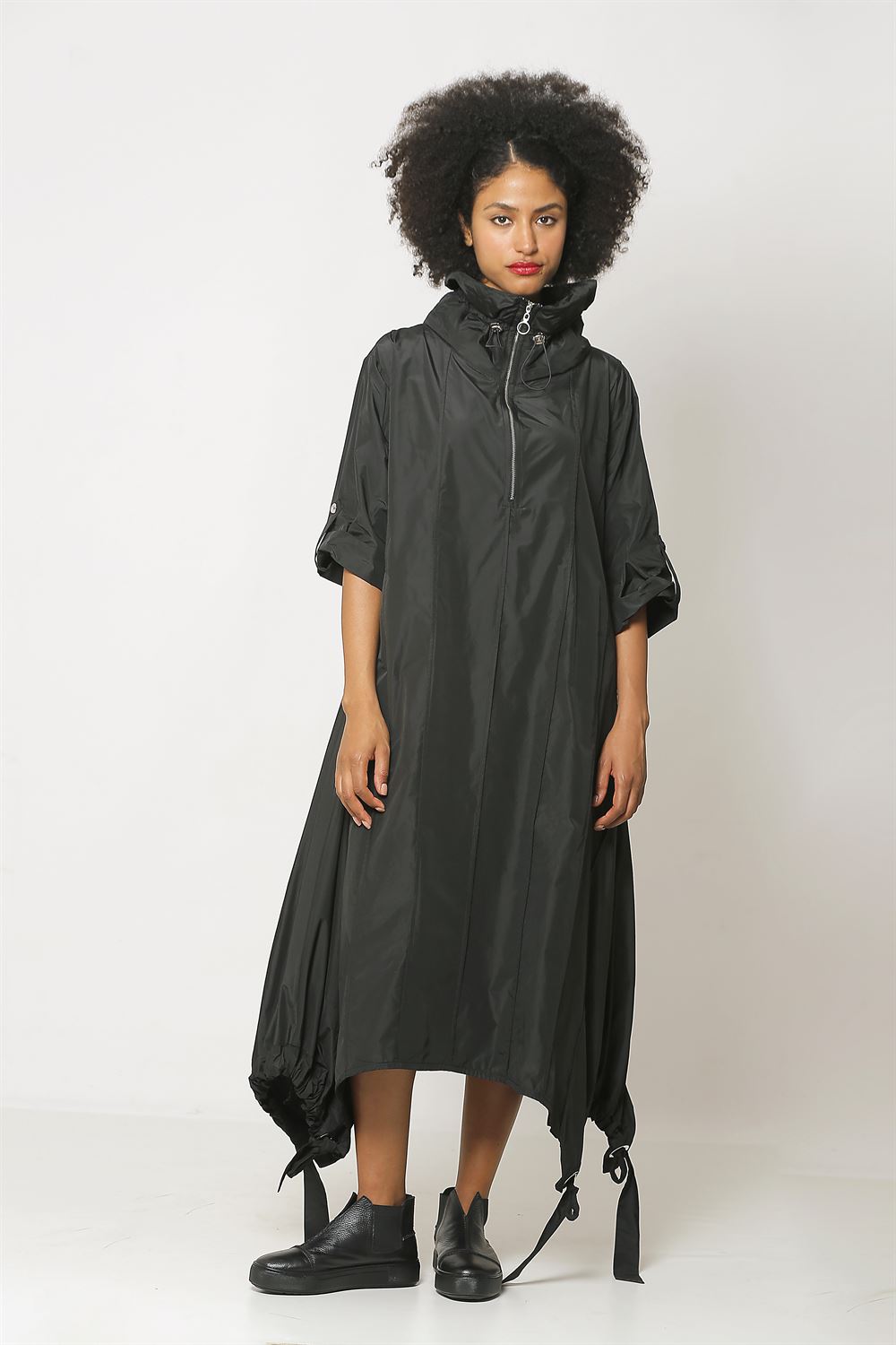 Etek Ucu Kordon Bağcıklı Tafta Elbise - Siyah