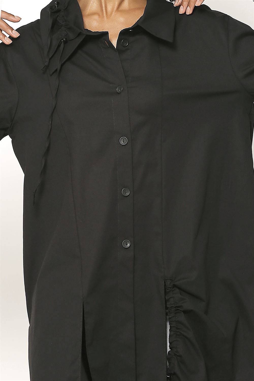 Etek Ucu Büzgülü Düğmeli Cotton Gömlek - Siyah