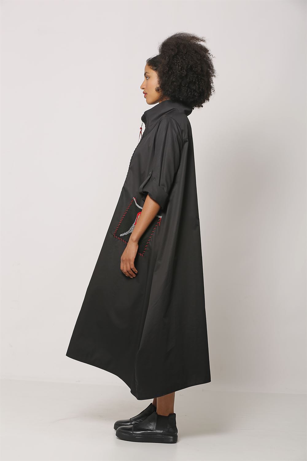 Uzun Kollu Yarım Fermuarlı Cotton Elbise - Siyah