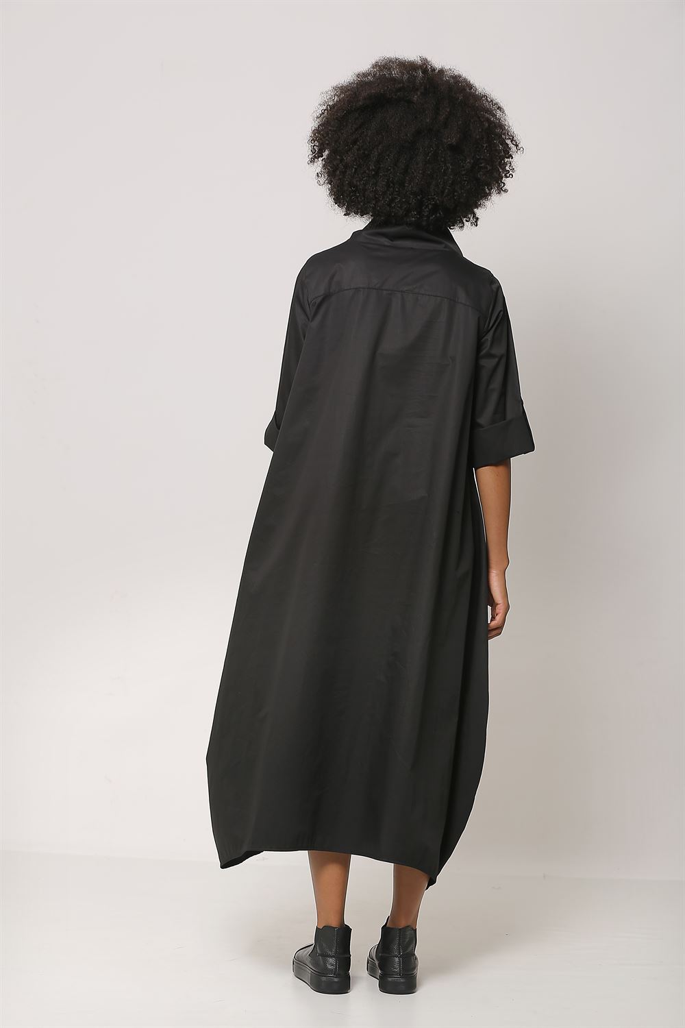 Uzun Kollu Yarım Fermuarlı Cotton Elbise - Siyah
