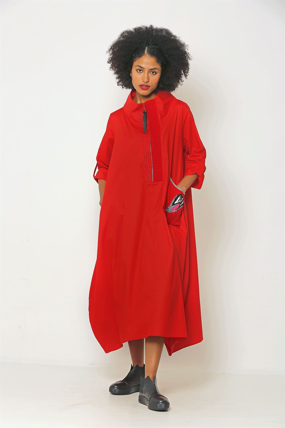 Uzun Kollu Yarım Fermuarlı Cotton Elbise - Kırmızı