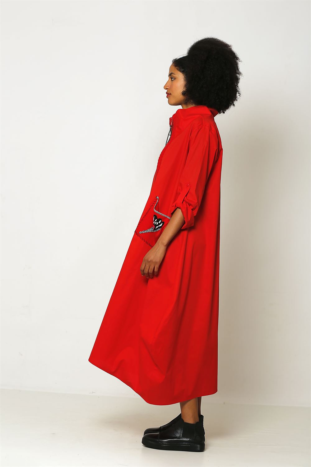 Uzun Kollu Yarım Fermuarlı Cotton Elbise - Kırmızı