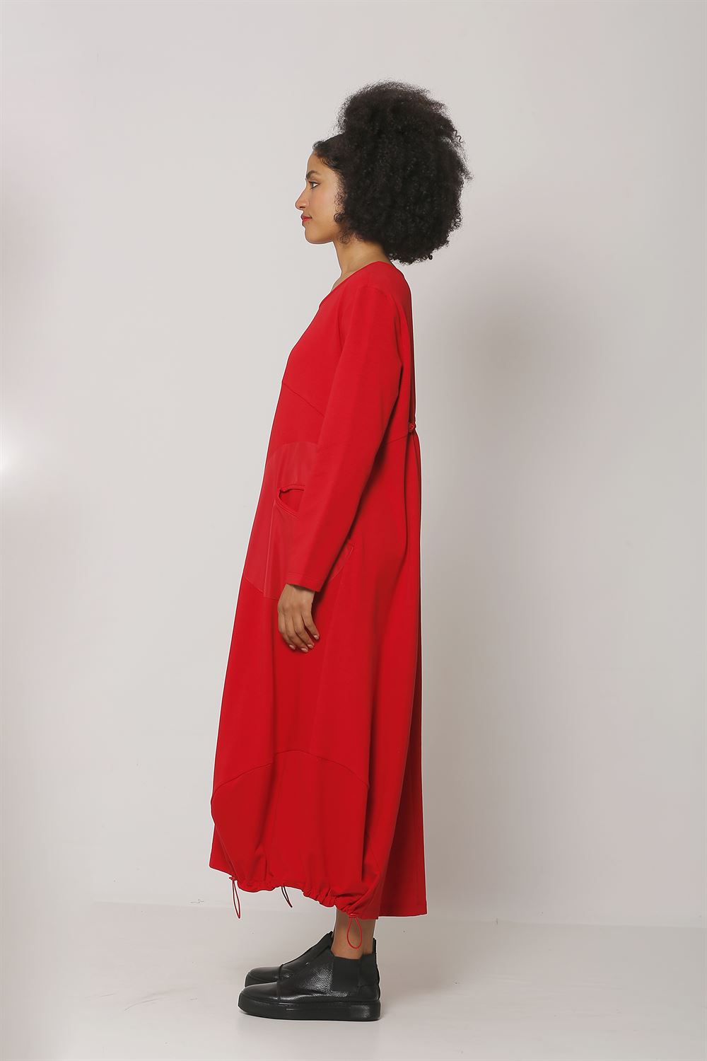 Etek Ucu Lastikli Büzgü Detaylı Örme Elbise - Kırmızı