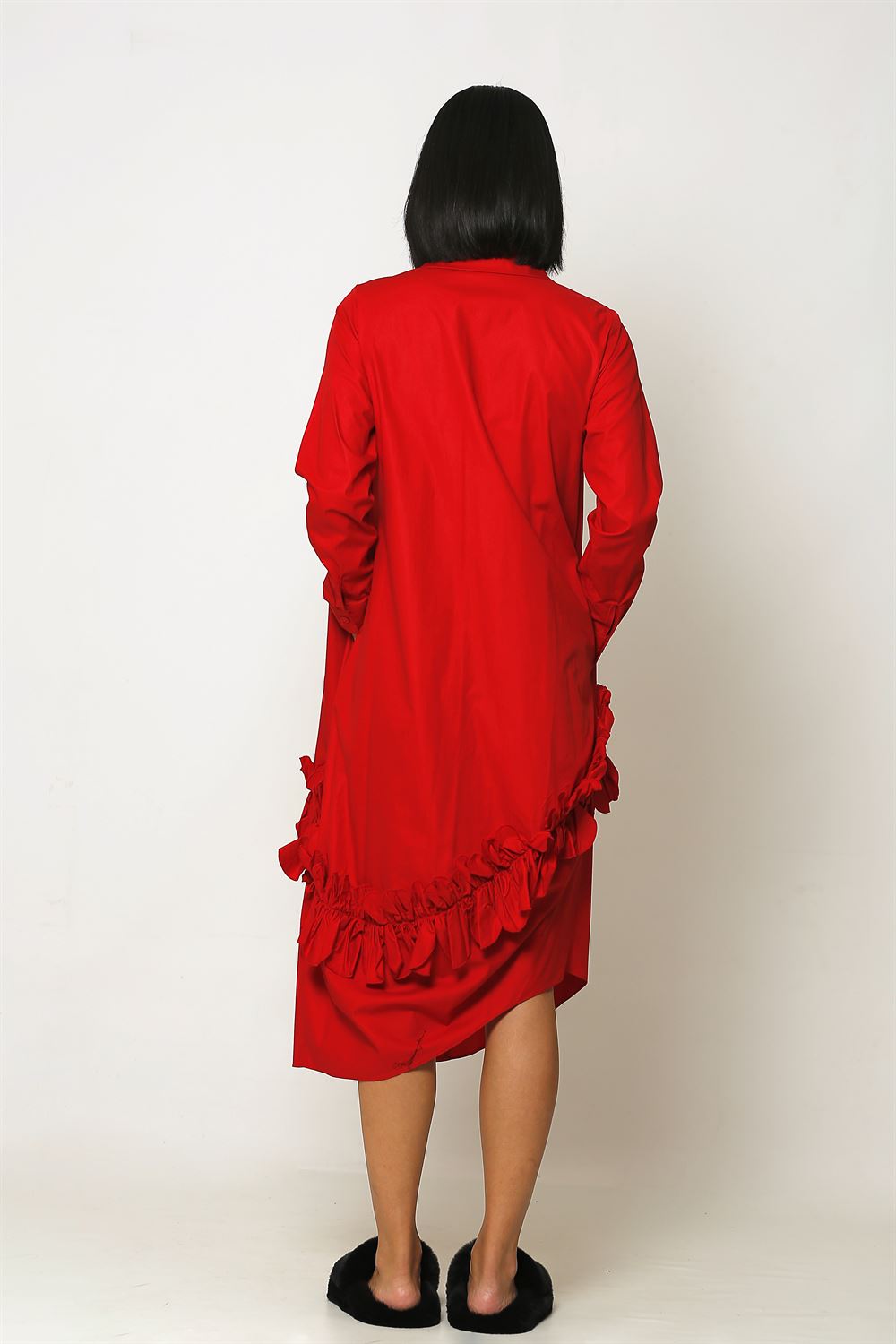 Likrasız Cotton Gömlek Elbise - Kırmızı